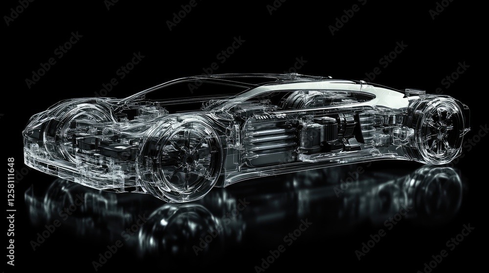 Poster futuristic 3d model of a transparent car body, displaying its mechanical and electronic systems in a