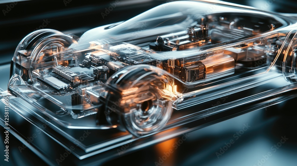 Poster futuristic 3d model of a transparent car body, displaying its mechanical and electronic systems in a