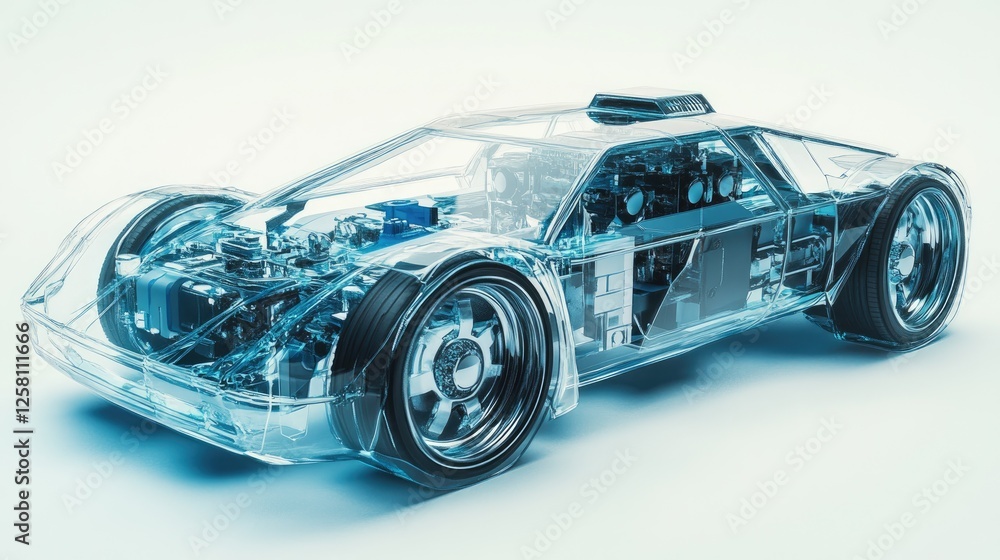 Poster futuristic 3d model of a transparent car body, displaying its mechanical and electronic systems in a