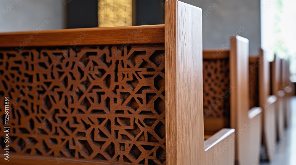 Aufkleber geometric harmony in wooden pew designs, showcasing a blend of intricate patterns and modern aesthet