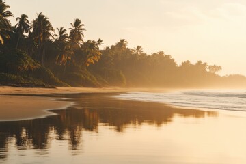 Sunset at a tropical beach with palm trees and reflecting water in serene atmosphere. Generative AI