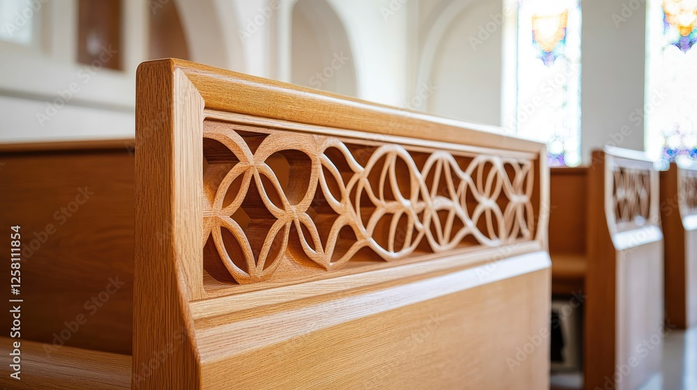 Poster geometric harmony in wooden pew designs, showcasing a blend of intricate patterns and modern aesthet