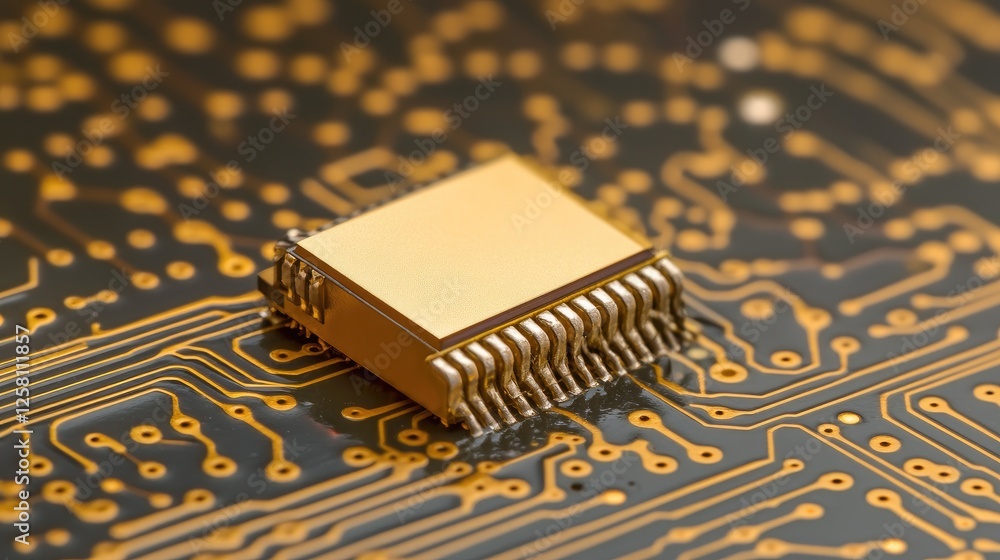 Poster Gold microchip resting on a circuit board, highlighting the delicate, complex connections and advanced technology of the electronic components.