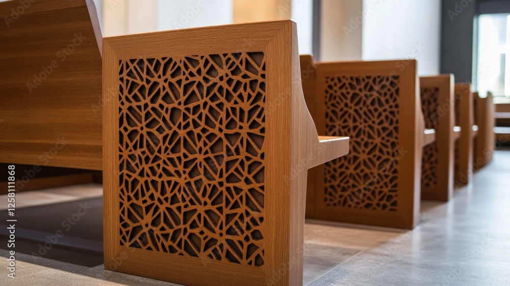 Poster geometric harmony in wooden pew designs, showcasing a blend of intricate patterns and modern aesthet
