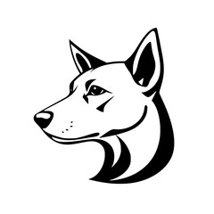 Monochrome headshot of a dog with a black outline, white background, looking right.