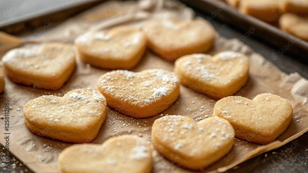 Poster it shows several heart-shaped cookies lying on a baking sheet covered with baking paper.