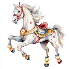Circus Horse. Watercolor Painting of a Galloping White Horse