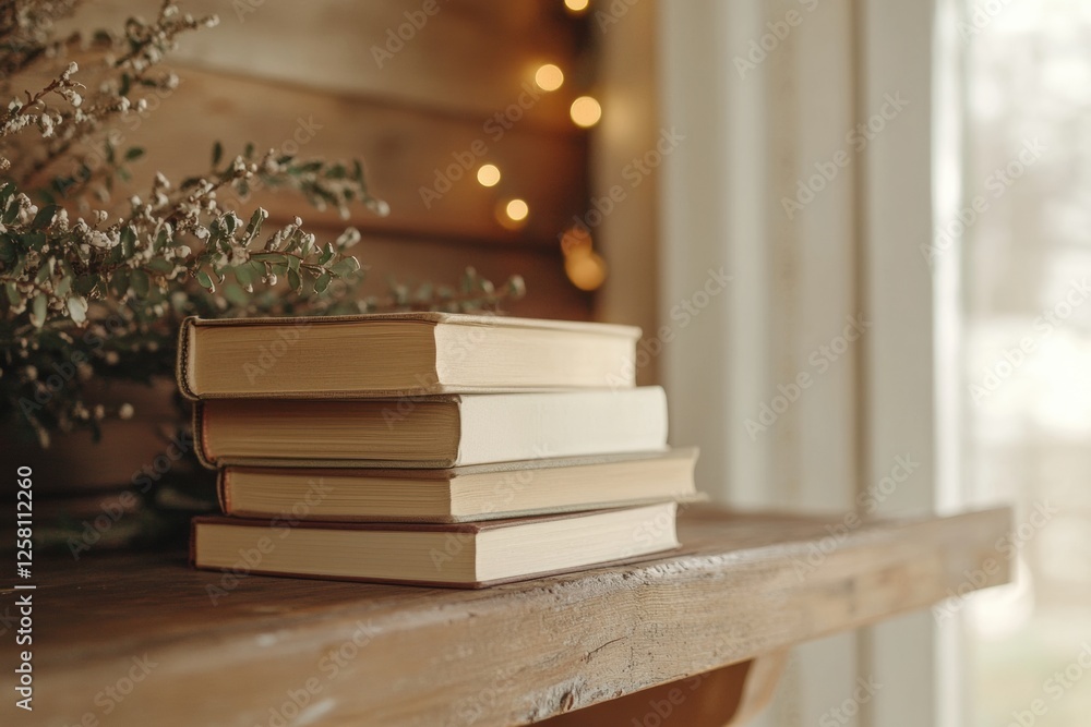 Aufkleber Rustic wooden shelf displaying a neat stack of books with a cozy ambiance and space for custom text. Generative AI