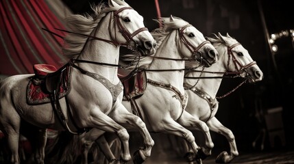 Circus Horses. Vintage Circus Horses on Black Background with Elegant Woman in New York Circus