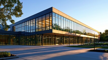 Obraz premium Modern school building with large glass windows and flat roof