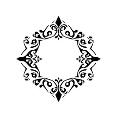 Black and white symmetrical, stylized floral frame. A diamond-shaped, open-center, ornate ornamental frame.
