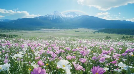 Fototapeta premium Field of Dreams Purple and White Wildflowers with Majestic Mountains in the Distance on Sunny Summer Day