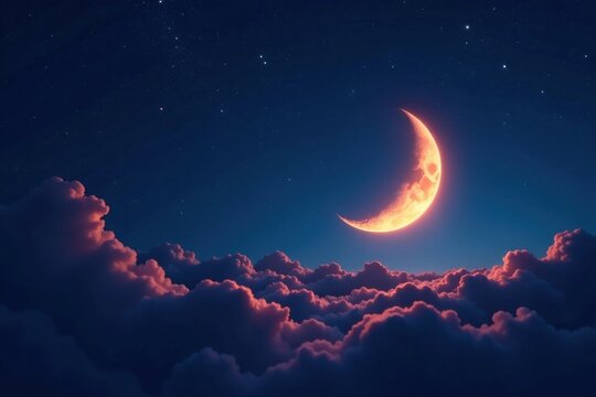 A crescent moon shining in a dark sky with stars , night, starry, celestial