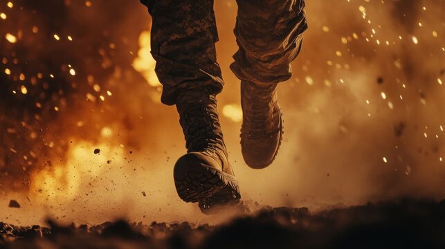 Soldier sprinting through chaos.