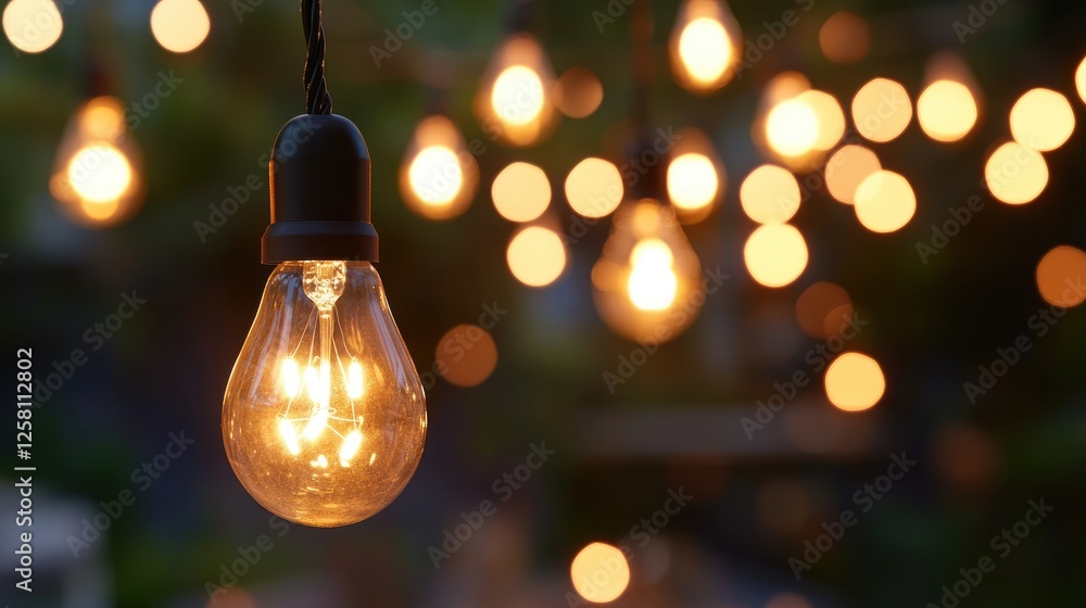 Poster hanging string lights casting a warm golden glow over a cozy outdoor setting, creating an inviting, 