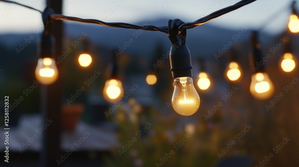 Poster hanging string lights casting a warm golden glow over a cozy outdoor setting, creating an inviting, 