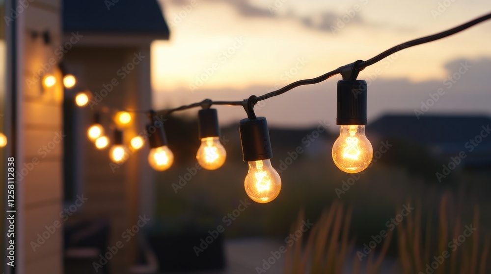 Poster hanging string lights casting a warm golden glow over a cozy outdoor setting, creating an inviting, 