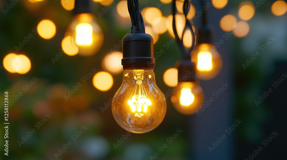Poster hanging string lights with a warm golden glow illuminating a cozy outdoor setting, creating an invit