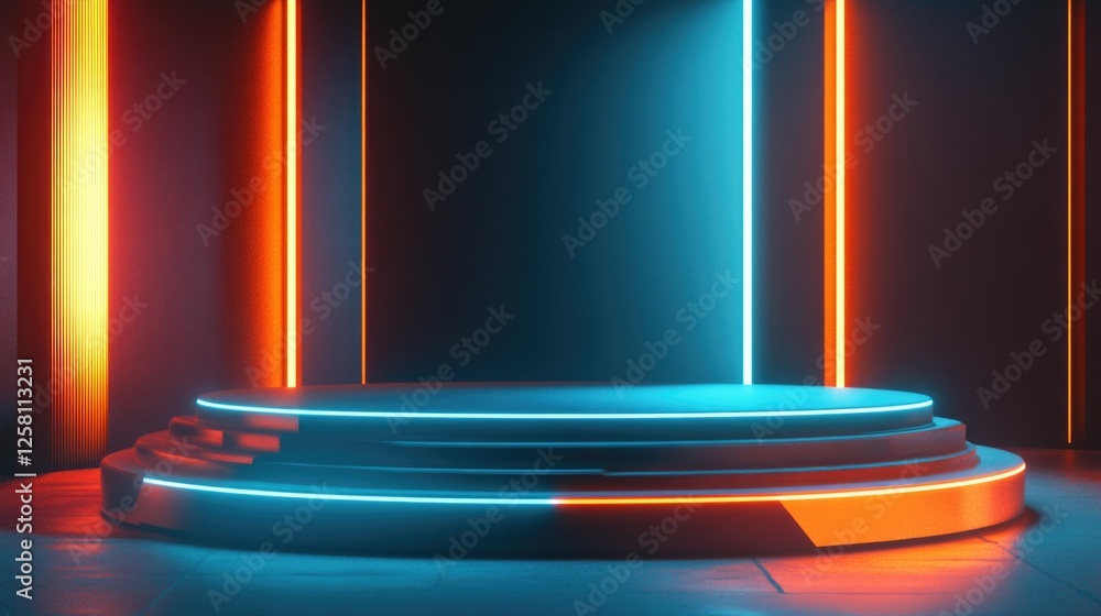 Poster the image depicts an abstract stage design with futuristic features. the stage is illuminated by blu