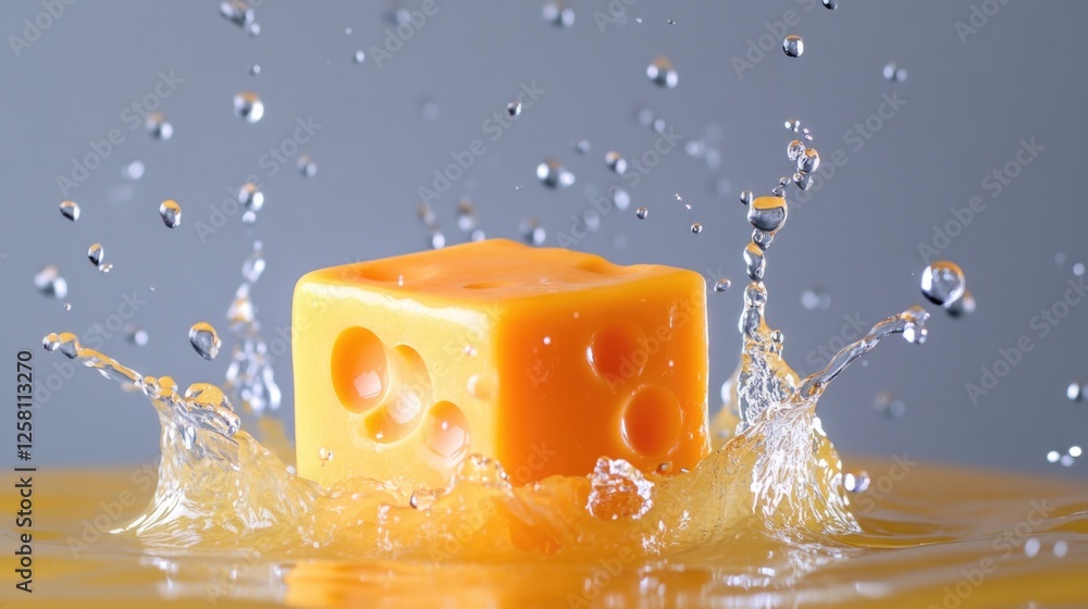 Poster this image captures the moment of a sharp cheddar cheese cube splashing into water, creating an unex