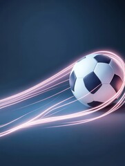 Naklejka premium Futuristic Neon Soccer Ball in Motion - Dynamic soccer ball with neon light trails, symbolizing speed, energy, technology, competition, and victory