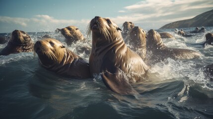 Fototapeta premium photograph of Sea lions in the ocean