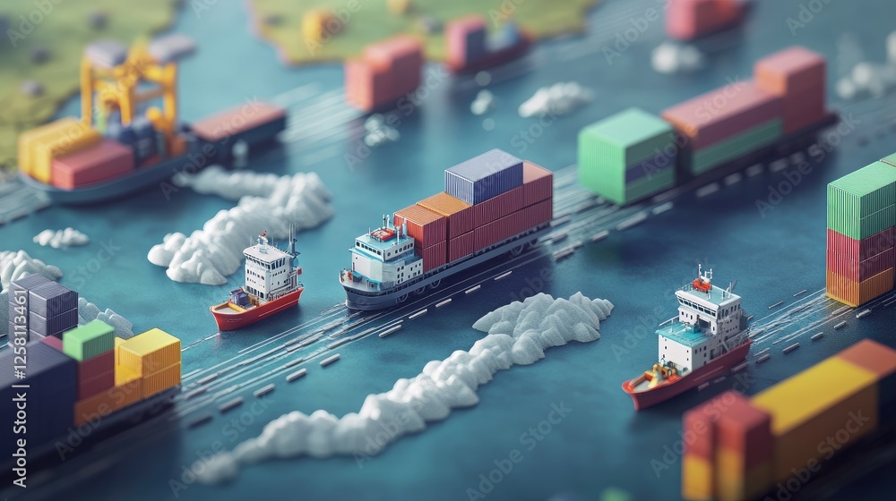 Poster Interconnected logistics network visualized with dynamic transport routes, modern vehicles, efficient hubs, and smooth operations ensuring timely deliveries across the globe.