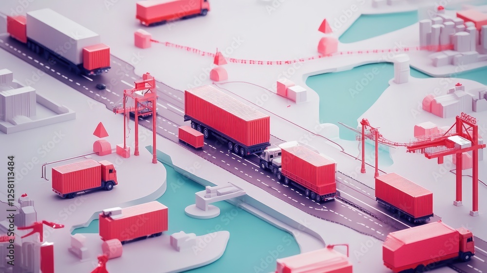 Poster interconnected logistics network visualized with dynamic transport routes, modern vehicles, efficien