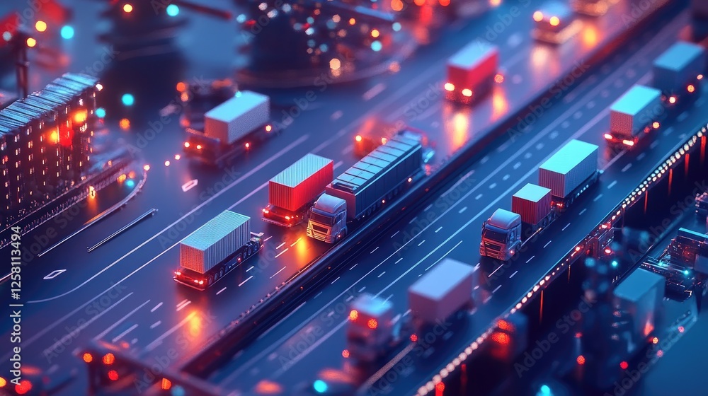 Aufkleber Interconnected logistics network visualized with dynamic transport routes, modern vehicles, efficient hubs, and smooth operations ensuring timely deliveries across the globe.