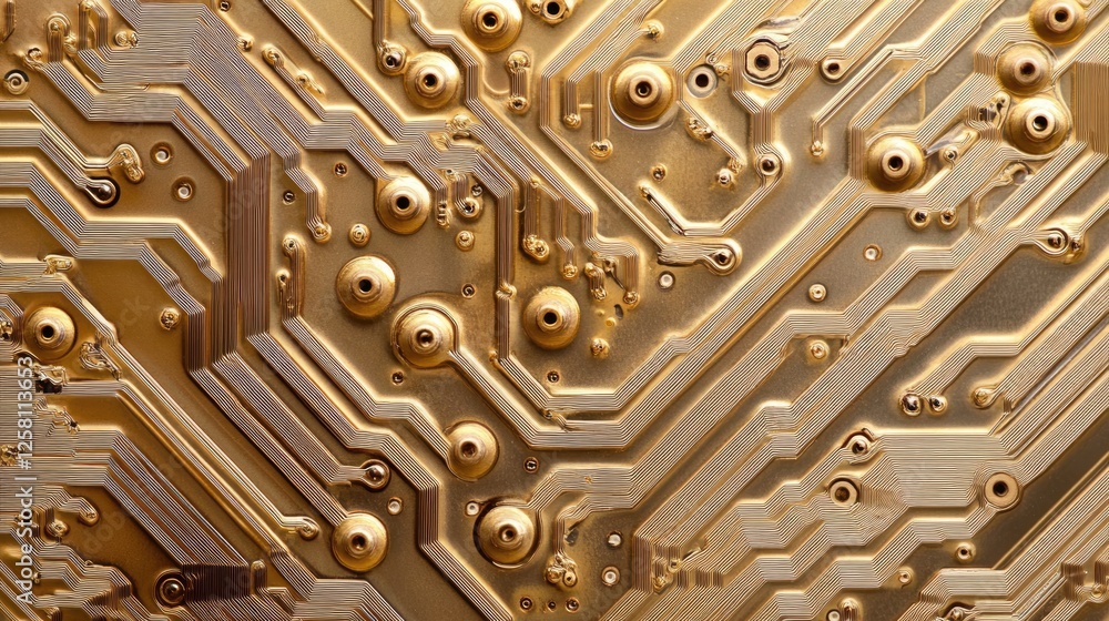 Poster Intricate close-up of a gold microchip placed on a circuit board, emphasizing the precision and complexity of electronic connections and components.