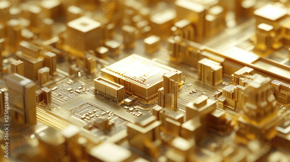 Aufkleber Intricate close-up of a gold microchip placed on a circuit board, emphasizing the precision and complexity of electronic connections and components.