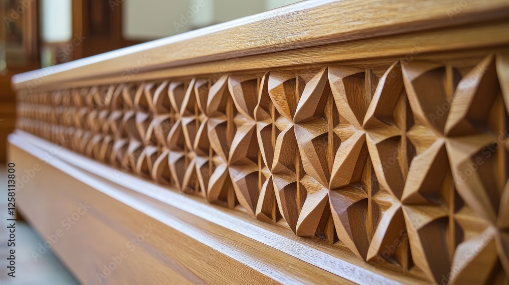 Poster intricate geometric patterns found in wooden pews, reflecting a perfect blend of traditional craftsm