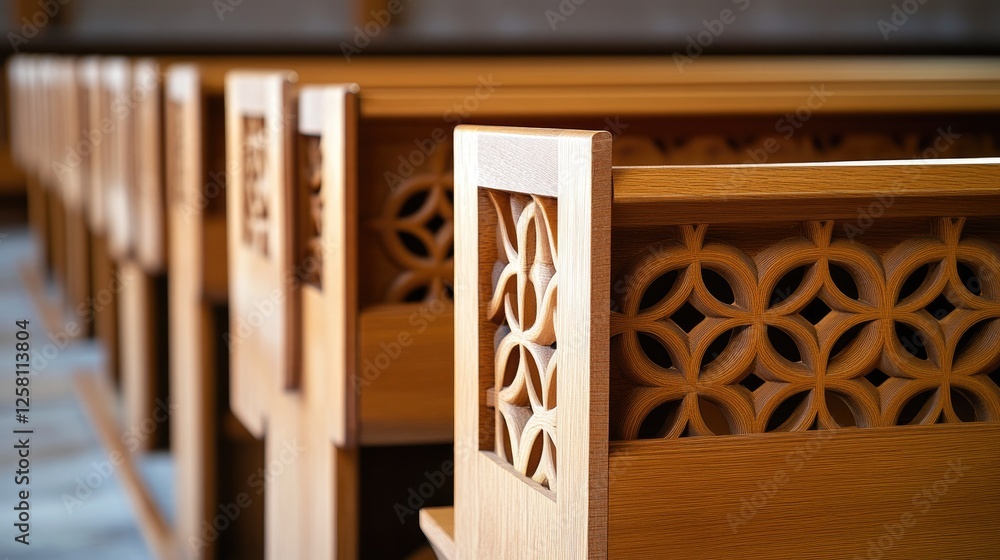 Poster intricate geometric patterns found in wooden pews, reflecting a perfect blend of traditional craftsm