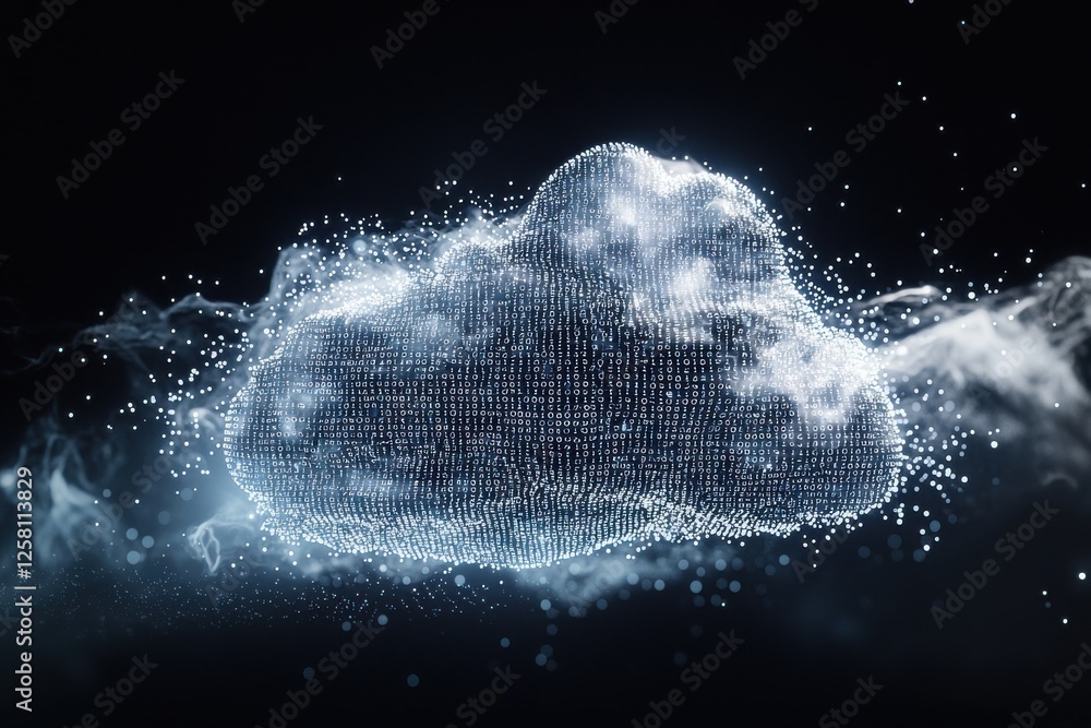 Poster a captivating representation of cloud computing with a digital cloud formed with binary code, surrou