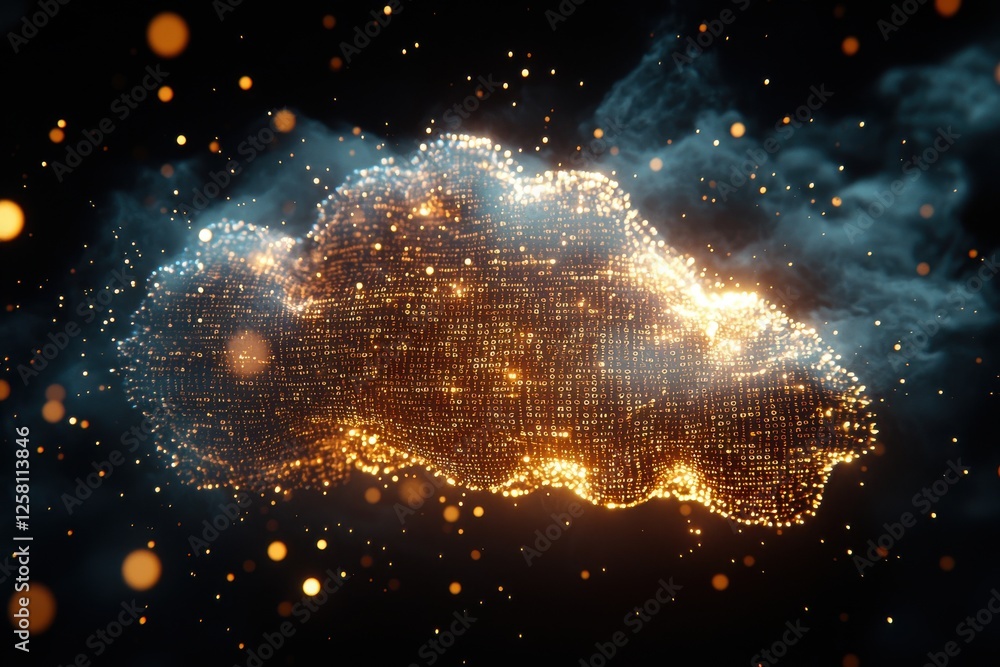 Poster a stunning visual representation of cloud computing with a luminous data cloud, surrounded by partic