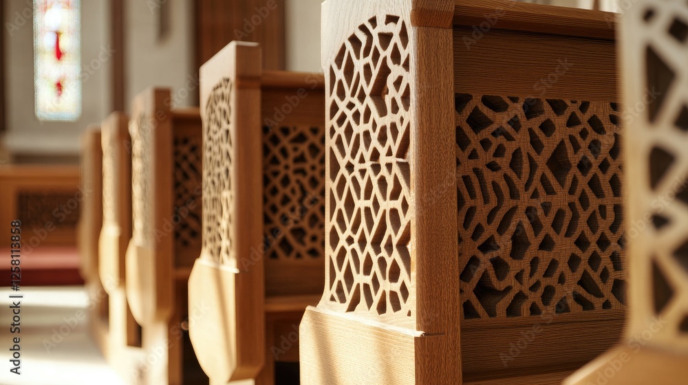 Aufkleber intricate geometric patterns found in wooden pews, reflecting a perfect blend of traditional craftsm
