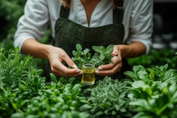 Woman inspecting herb oil amidst greenery