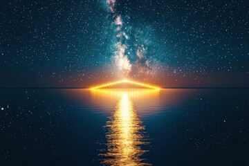 A breathtaking view of a radiant bridge over a tranquil sea beneath a vibrant display of the Milky Way in a starry sky at night.