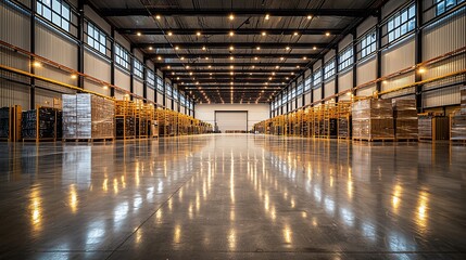 Fototapeta premium Spacious warehouse interior with stacked pallets, bright lighting, and polished floor