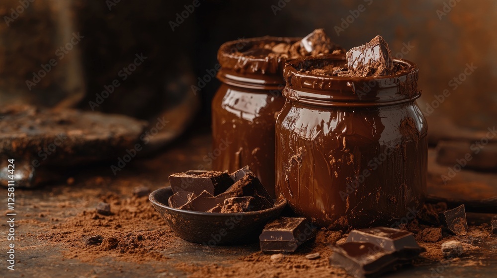 Poster jars containing luscious chocolate hues, surrounded by artistic splashes and textures, creating a ri