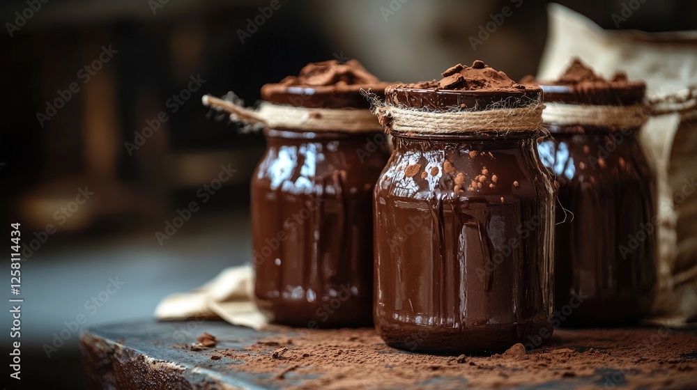 Poster jars containing luscious chocolate hues, surrounded by artistic splashes and textures, creating a ri