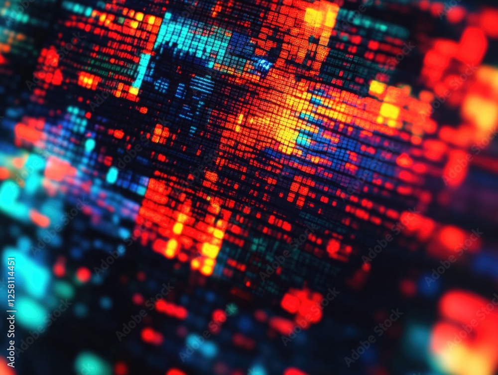 Poster vibrant abstract digital art with colorful elements that suggest technology or data analysis.
