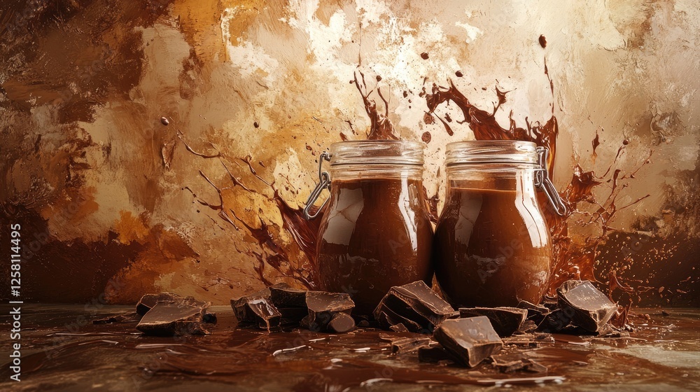 Poster jars containing luscious chocolate hues, surrounded by artistic splashes and textures, creating a ri