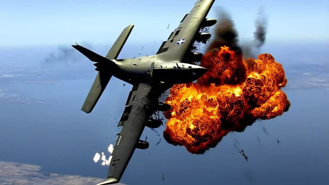 Missile striking military aircraft mid flight, causing catastrophic explosion, disintegrating plane with intense fireball and debris scattering across sky
