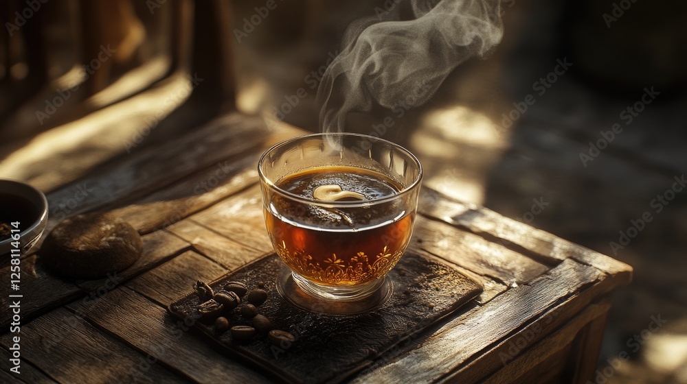 Poster luxurious espresso flowing effortlessly into a tilted glass, steam rising and blending with the warm