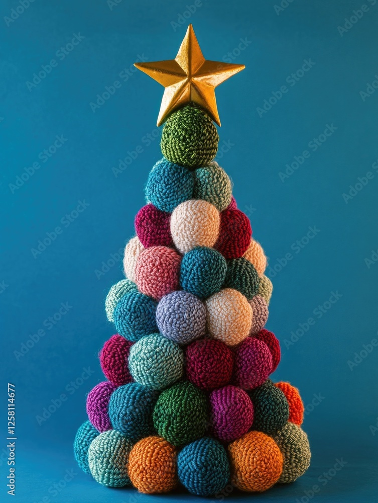 Poster handmade christmas tree with colorful balls in the shape of a tree.