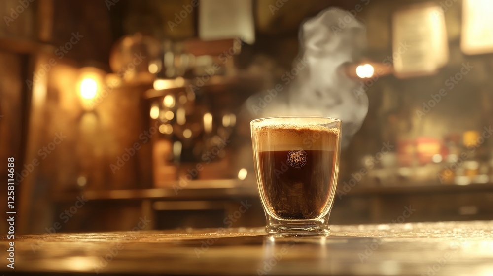 Poster luxurious espresso flowing effortlessly into a tilted glass, steam rising and blending with the warm