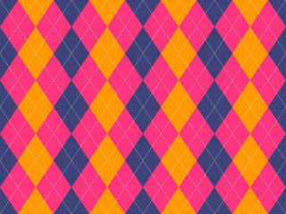 Vibrant argyle pattern in bold pink, orange, and navy blue.  Perfect for fashion, textile design, or as a trendy background.