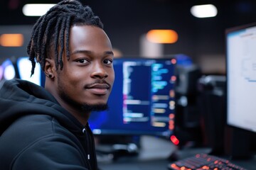 A young man with dreadlocks sits attentively in front of multiple computer monitors, immersed in a coding environment, representing dedication and modern technology.