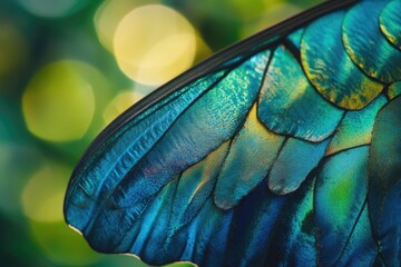 Obraz premium Close-up of iridescent blue and green butterfly wing, showcasing intricate texture and vibrant colors against a blurred green background.
